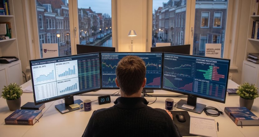 Energieanalist achter drie beeldschermen met koersgrafieken van gas, stroom en olie