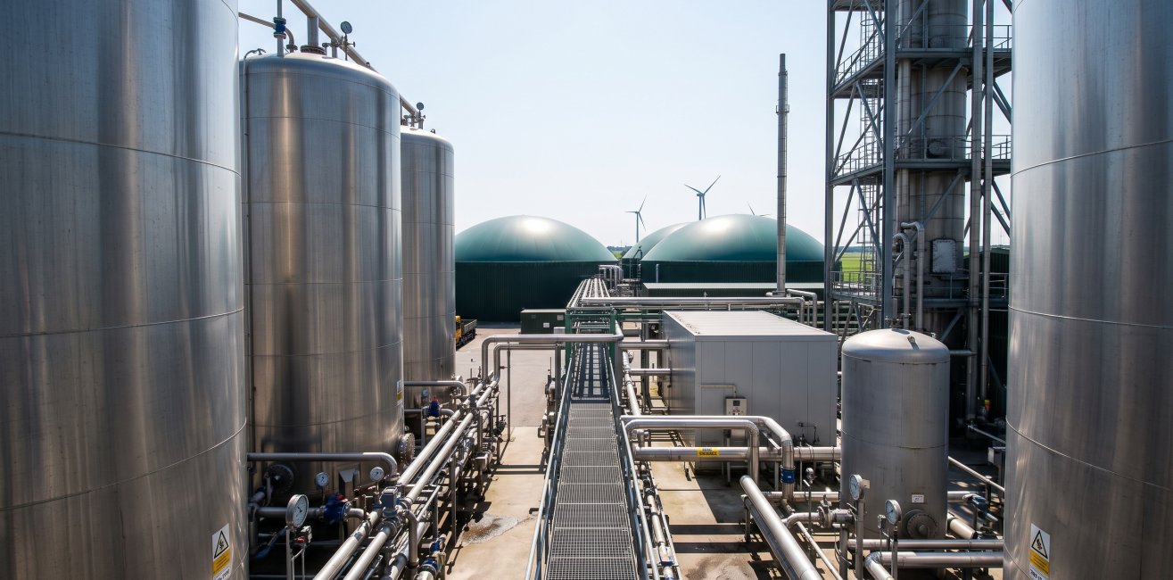 Opwerkingsinstallatie voor groen gas met roestvrijstalen tanks, leidingen en vergisters