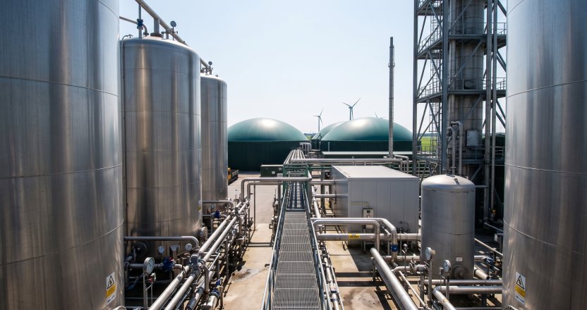 Opwerkingsinstallatie voor groen gas met roestvrijstalen tanks, leidingen en vergisters