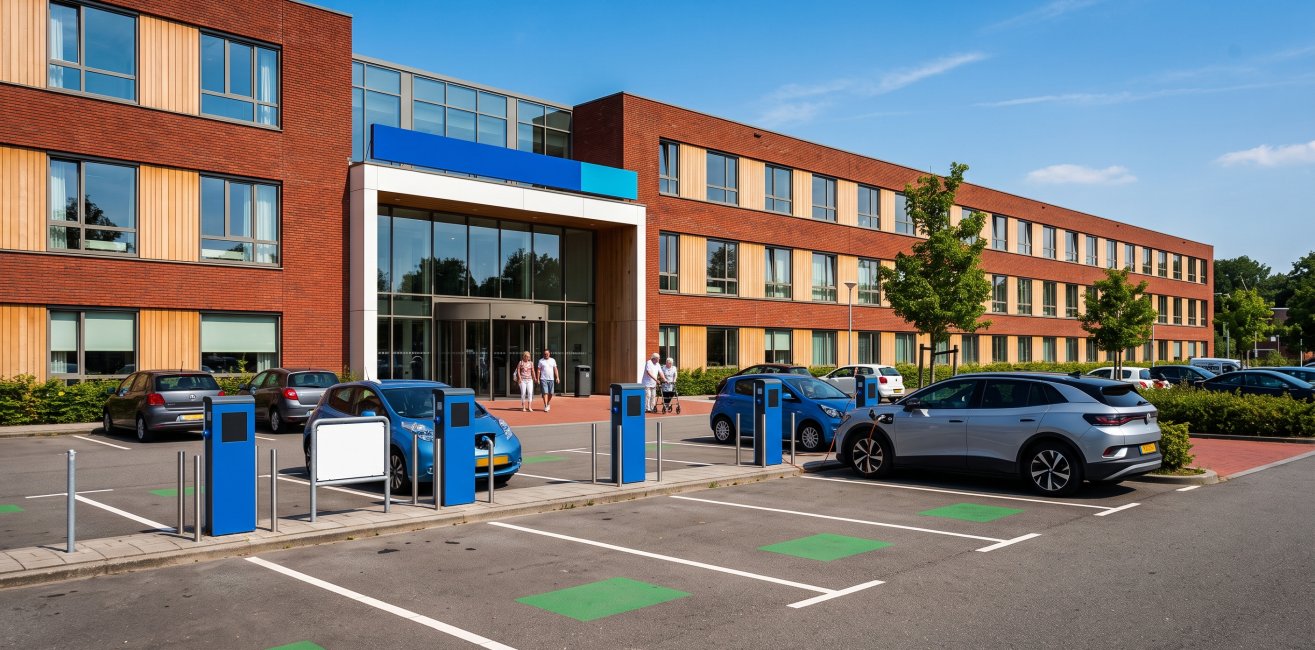 Blauwe laadpalen met opladende elektrische auto's op de parkeerplaats van een zorginstelling