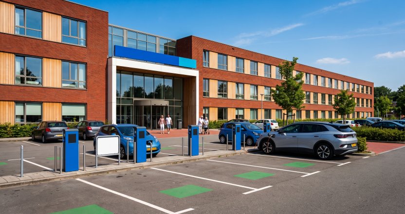 Blauwe laadpalen met opladende elektrische auto's op de parkeerplaats van een zorginstelling