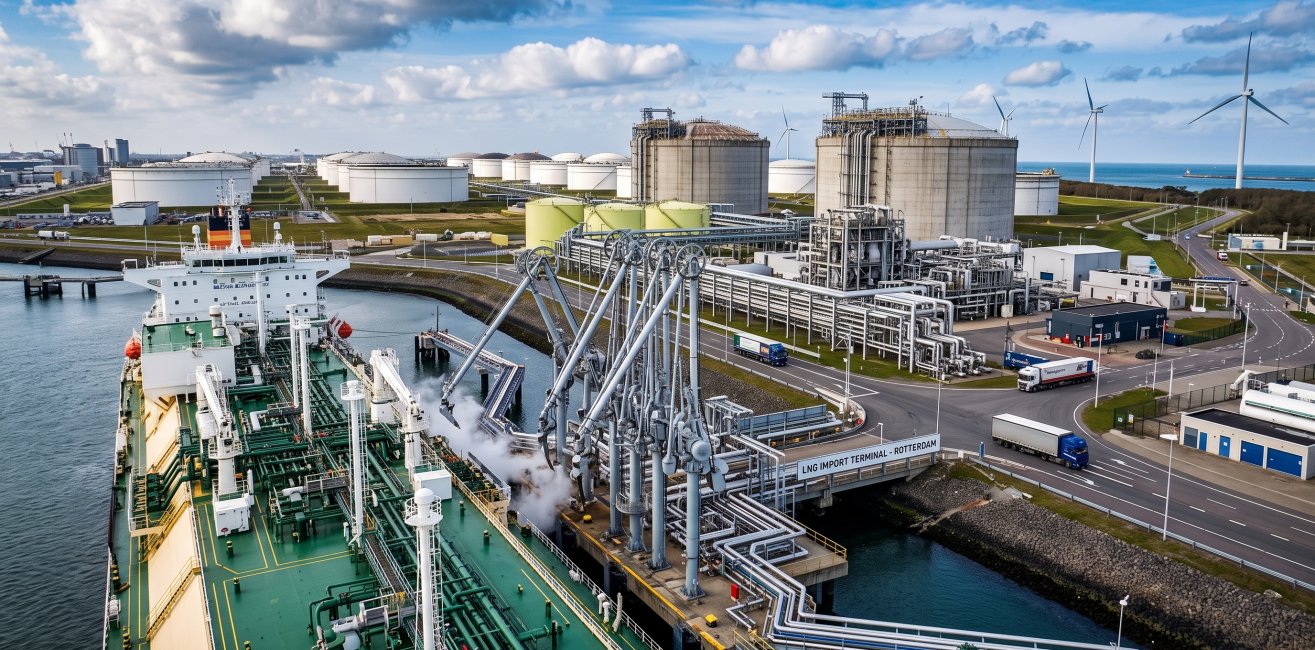 LNG-tanker aan de kade van de LNG-importterminal in Rotterdam, met opslagtanks en windturbines op de achtergrond