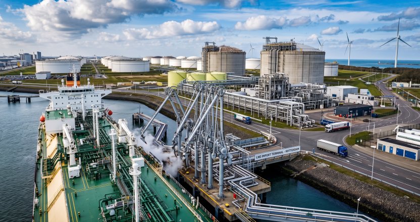 LNG-tanker aan de kade van de LNG-importterminal in Rotterdam, met opslagtanks en windturbines op de achtergrond
