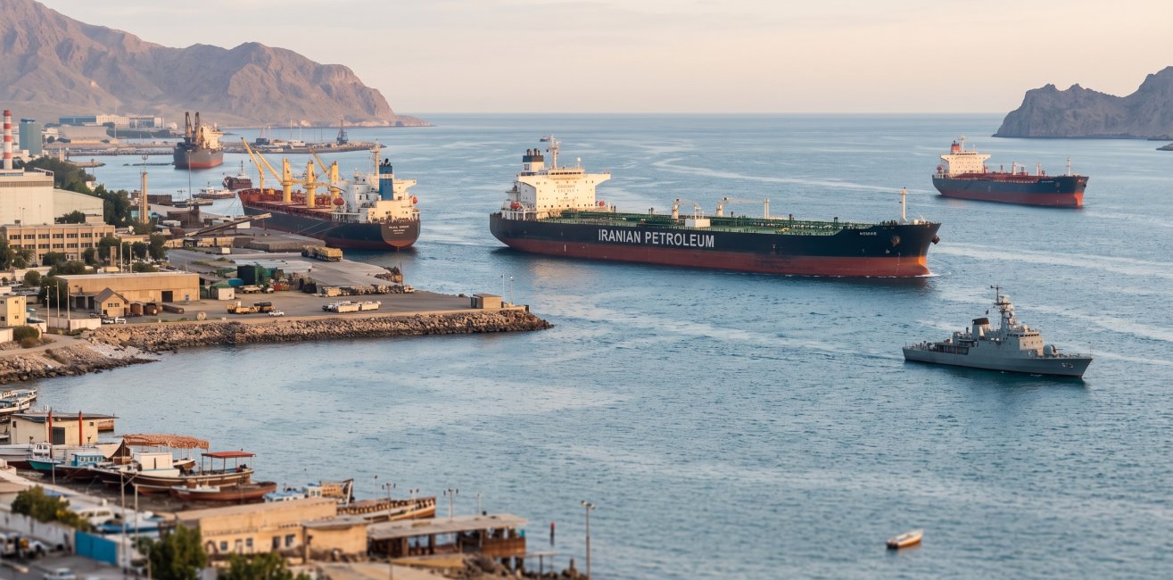 Olietanker met Iraanse olie vaart door de Straat van Hormuz, begeleid door een marineschip