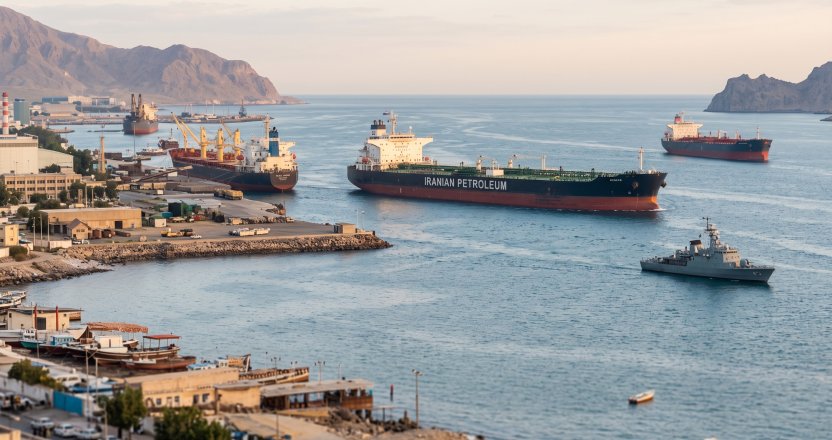 Olietanker met Iraanse olie vaart door de Straat van Hormuz, begeleid door een marineschip