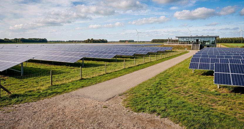 Zonnepark met lange rijen zonnepanelen in Nederlands weiland, met windturbines en een bedrijfsgebouw op de achtergrond