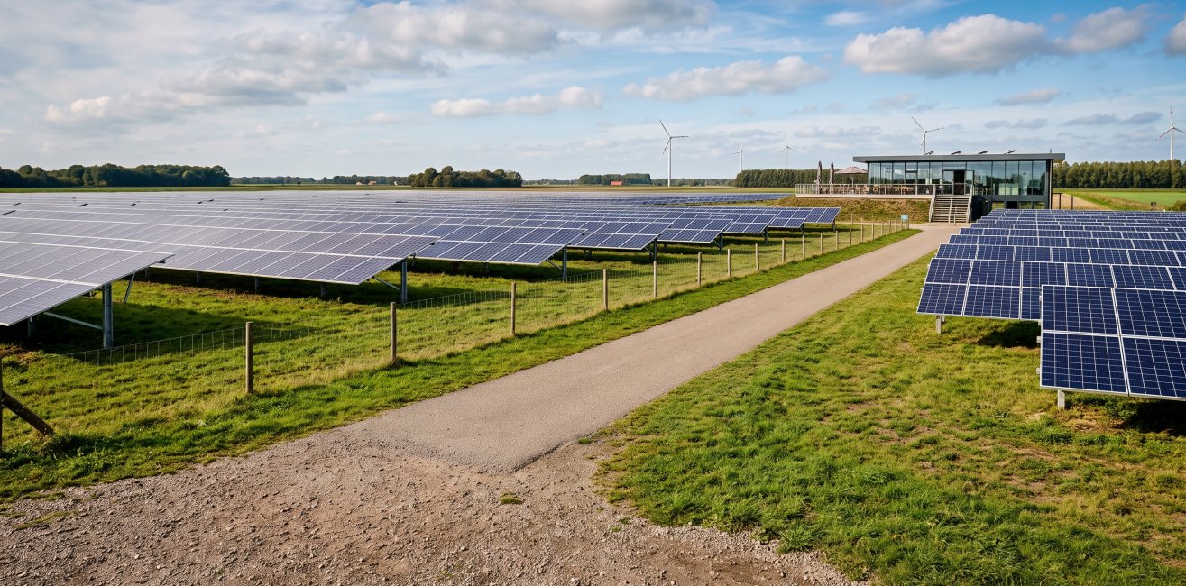 Zonnepark met lange rijen zonnepanelen in Nederlands weiland, met windturbines en een bedrijfsgebouw op de achtergrond